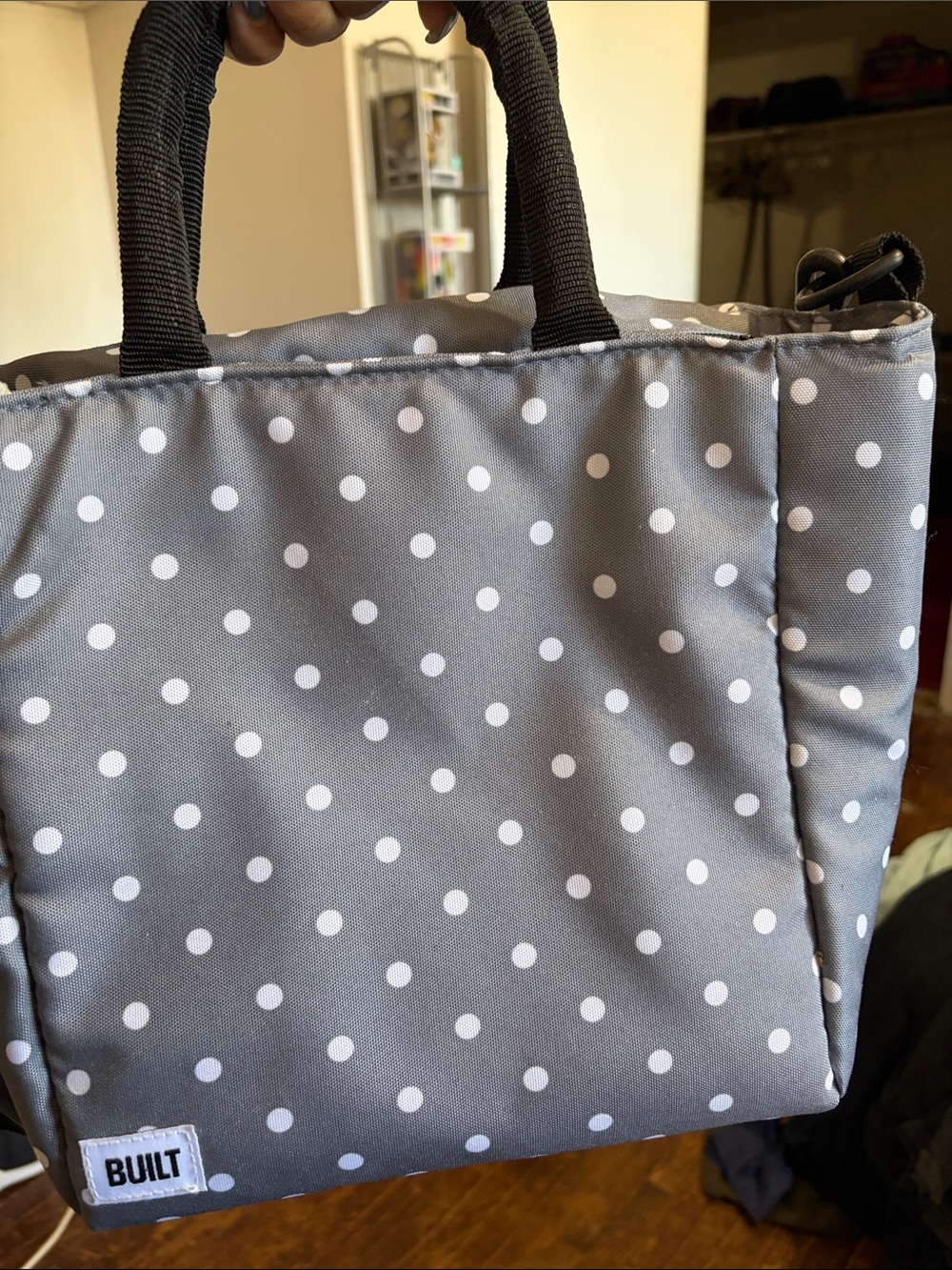 BUILT Gray Polka Dot Lunch Bag with Black Handles
